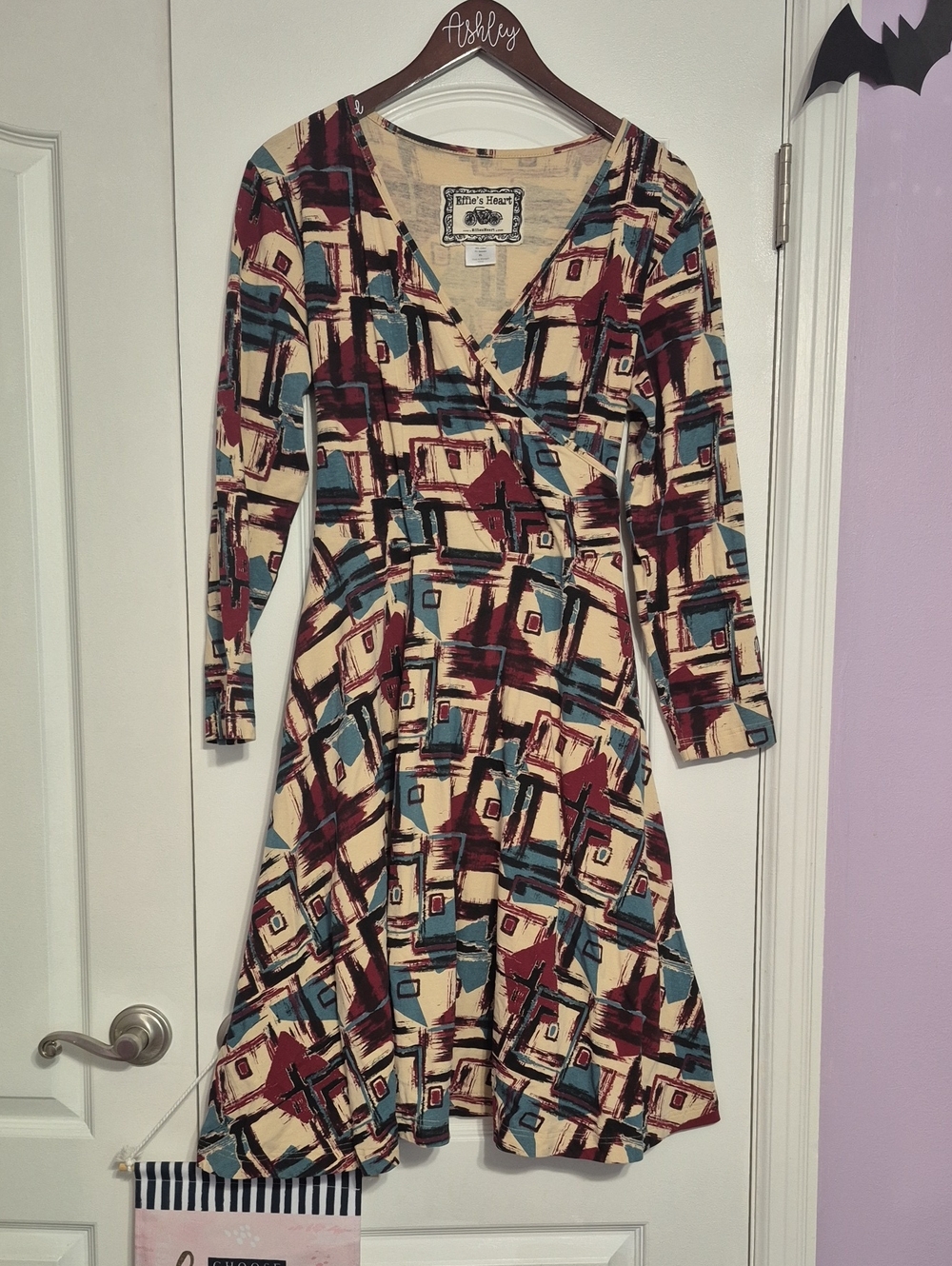 EFFIE'S HEART Geometric Print Wrap-Style Dress in Cream, Teal & Burgundy